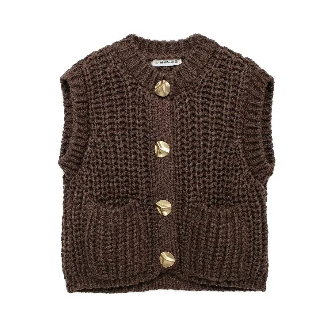 Chunky Knit Button-Up Pockets Vest