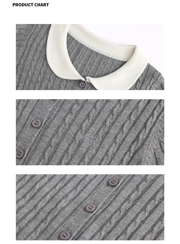 Classic Button-Up Cable Knit Cardigan with Contrast Collar