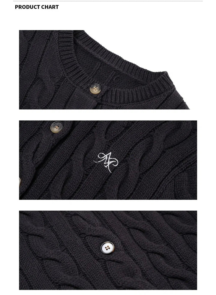 Classic Cable Knit Cardigan with Embroidered Detail