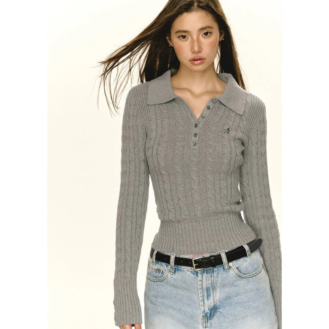 Classic Cable Knit Sweater with Collar and Embroidered Detail