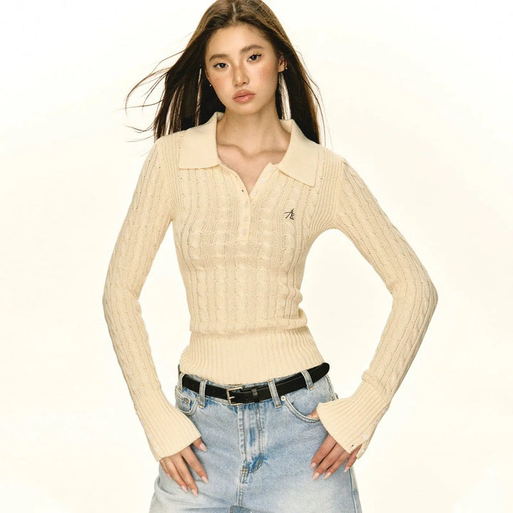 Classic Cable Knit Sweater with Collar and Embroidered Detail