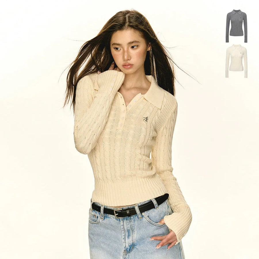 Classic Cable Knit Sweater with Collar and Embroidered Detail