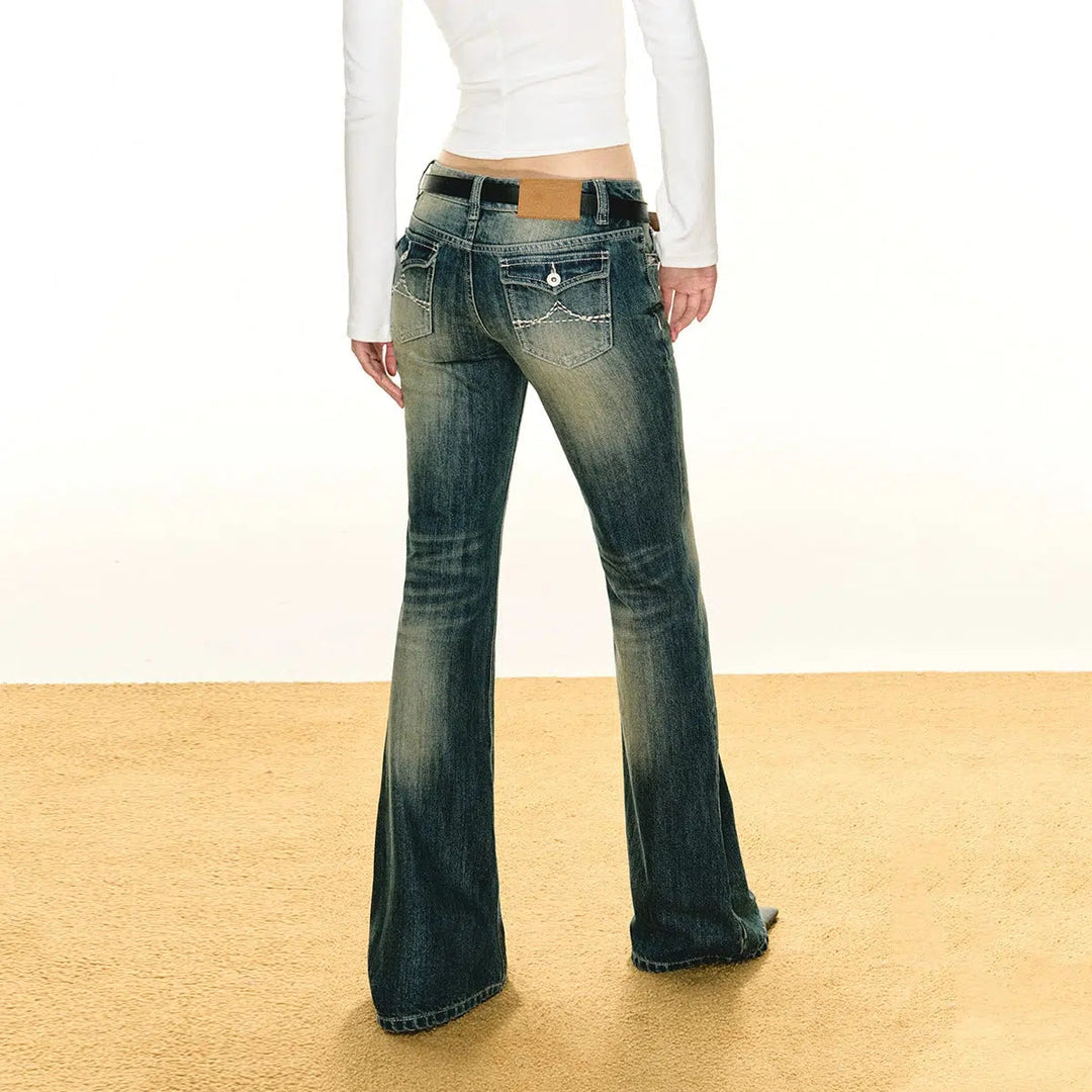 Classic Flare Leg Stretch Denim Jeans with Pocket Detail