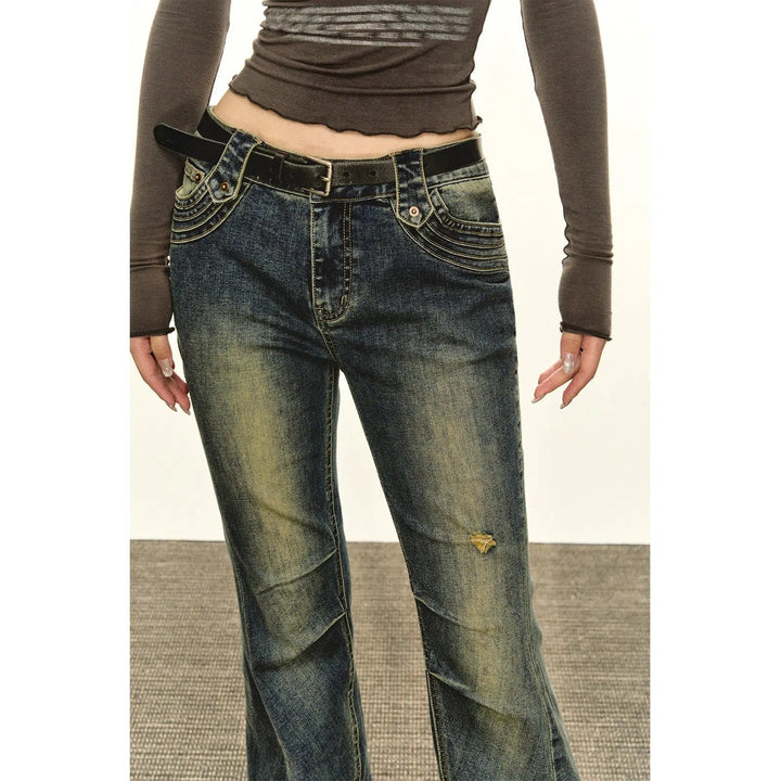 Classic Flared Denim Jeans with Decorative Stitching and Distressed Details