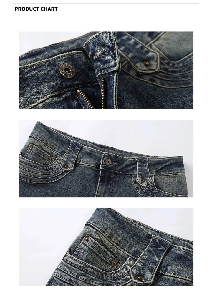 Classic Flared Denim Jeans with Decorative Stitching and Distressed Details