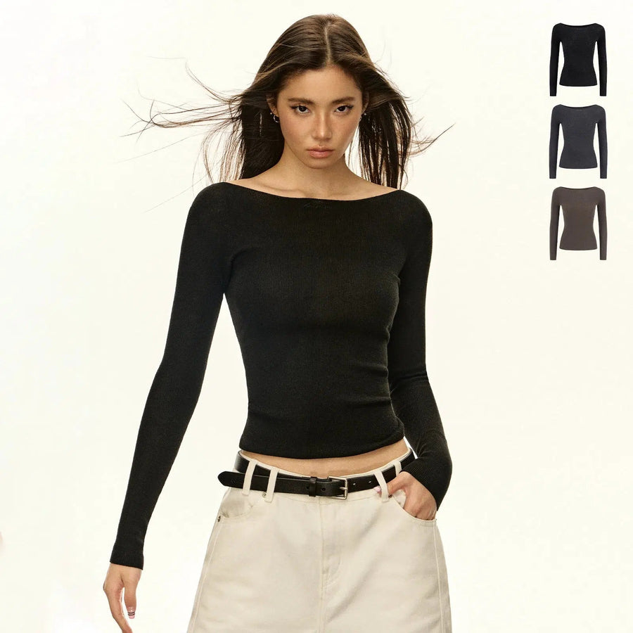 Classic Long-Sleeve Knitted Top with Scoop Neckline