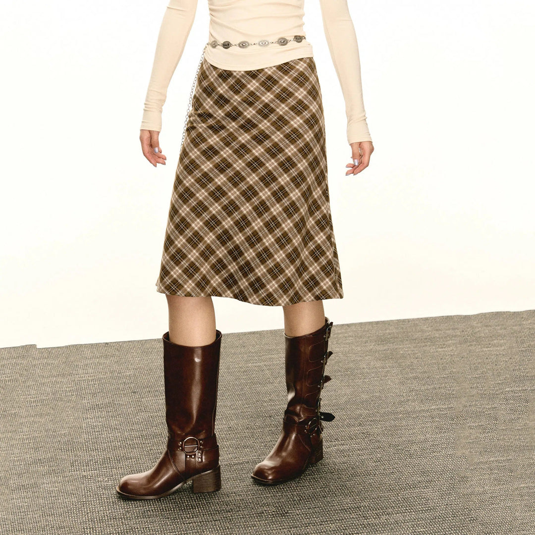 Classic Plaid A-Line Midi Skirt with Belt Loops