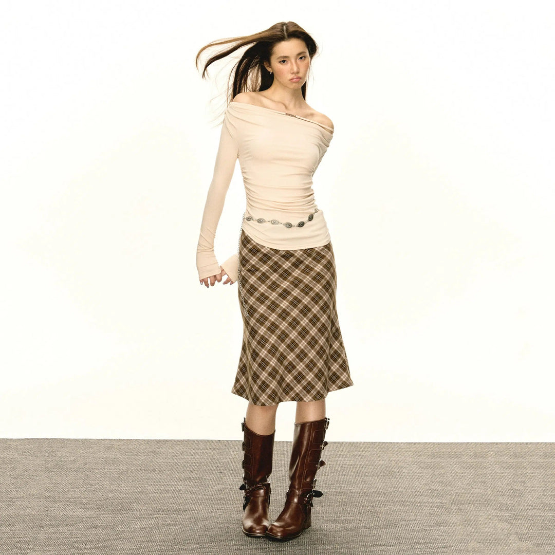 Classic Plaid A-Line Midi Skirt with Belt Loops