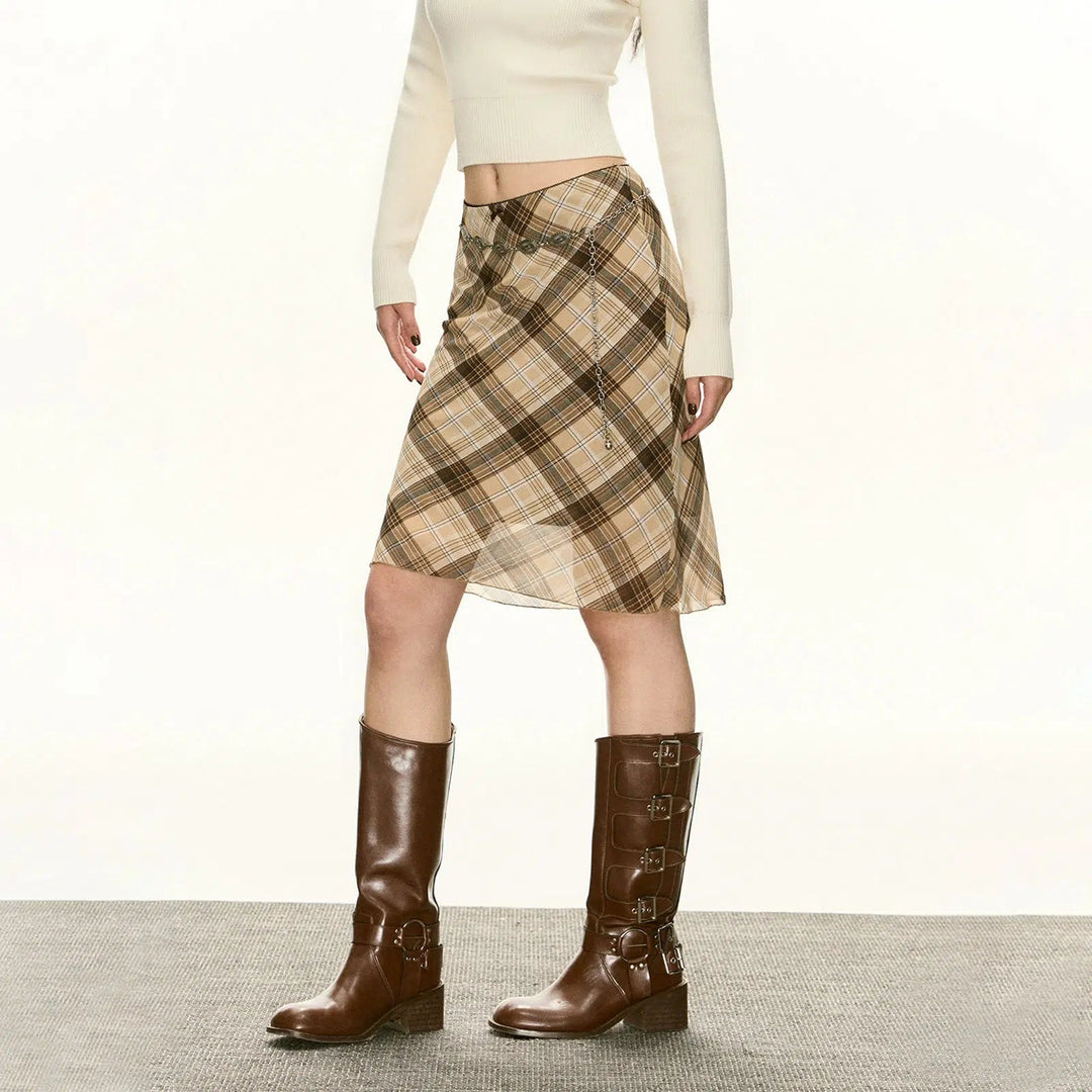 Classic Plaid Knee-Length Pencil Skirt with Button Accents