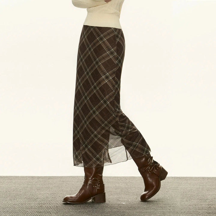 Classic Plaid Longline Maxi Skirt with Fringe Detail