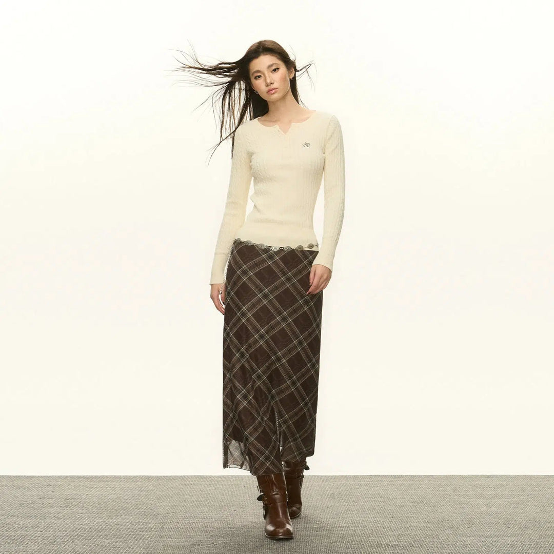 Classic Plaid Longline Maxi Skirt with Fringe Detail