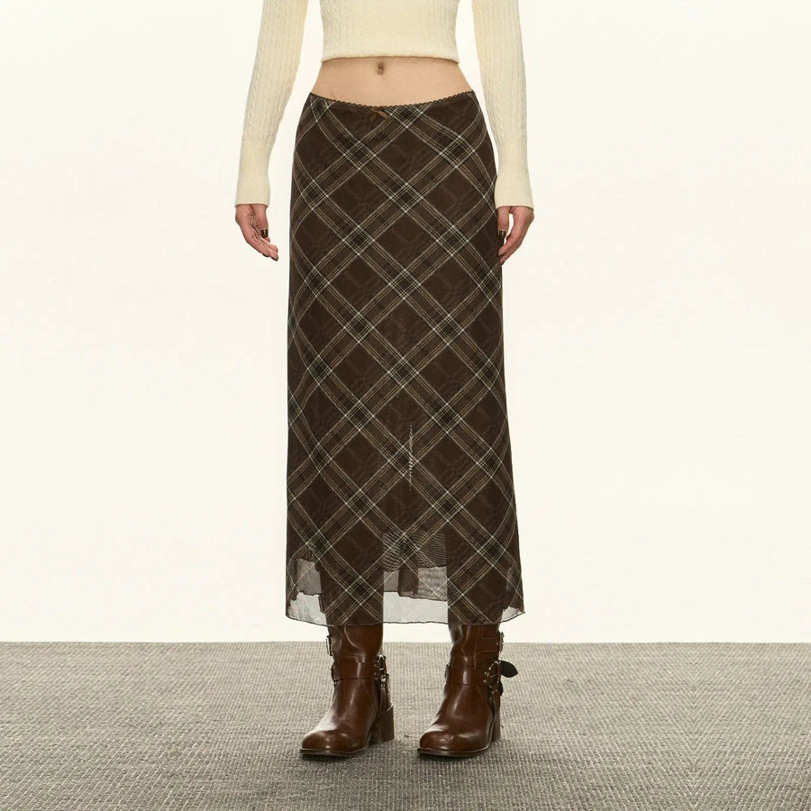 Classic Plaid Longline Maxi Skirt with Fringe Detail