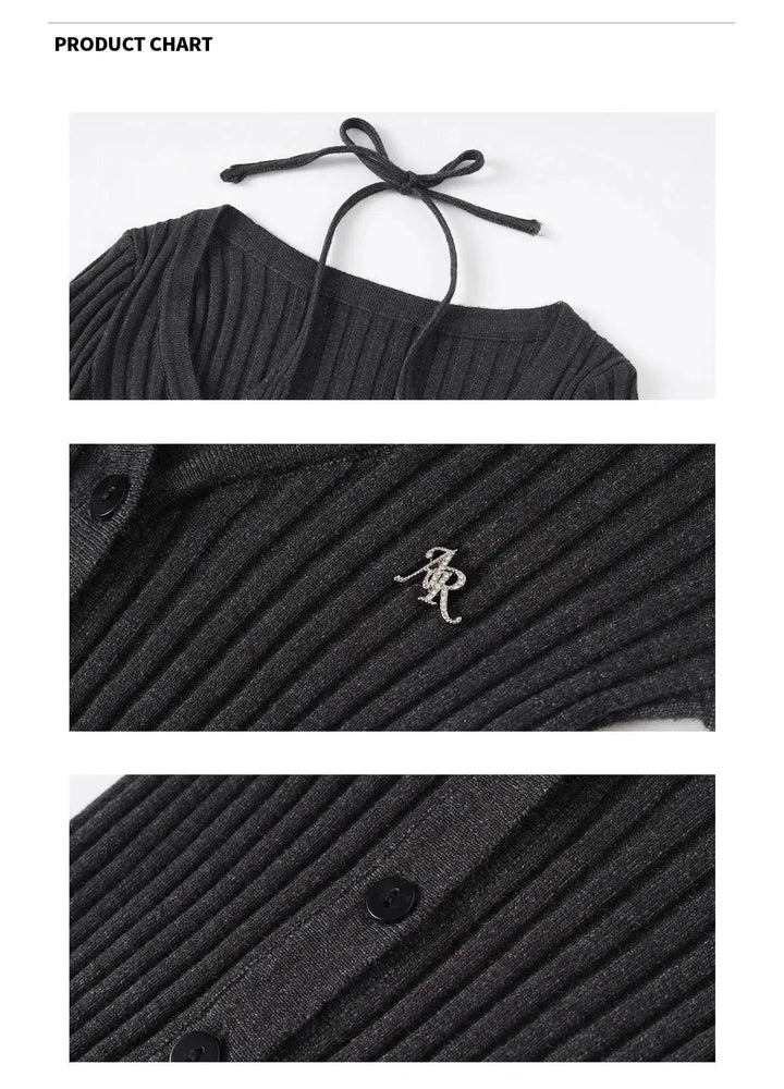 Classic Ribbed Button-Up Cardigan with Embroidered Detail