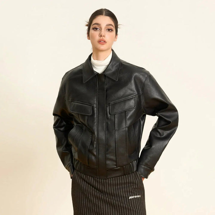 Classic Structured Leather Jacket with Belted Waist