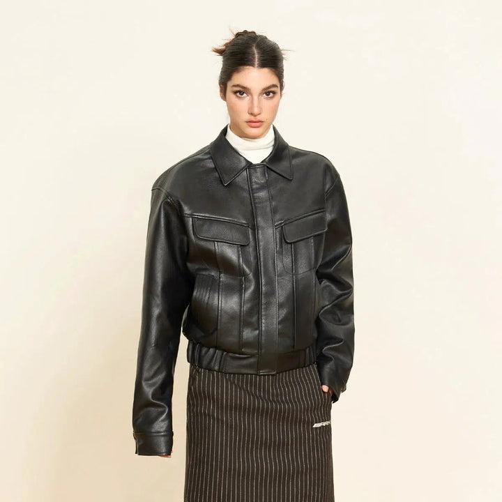 Classic Structured Leather Jacket with Belted Waist