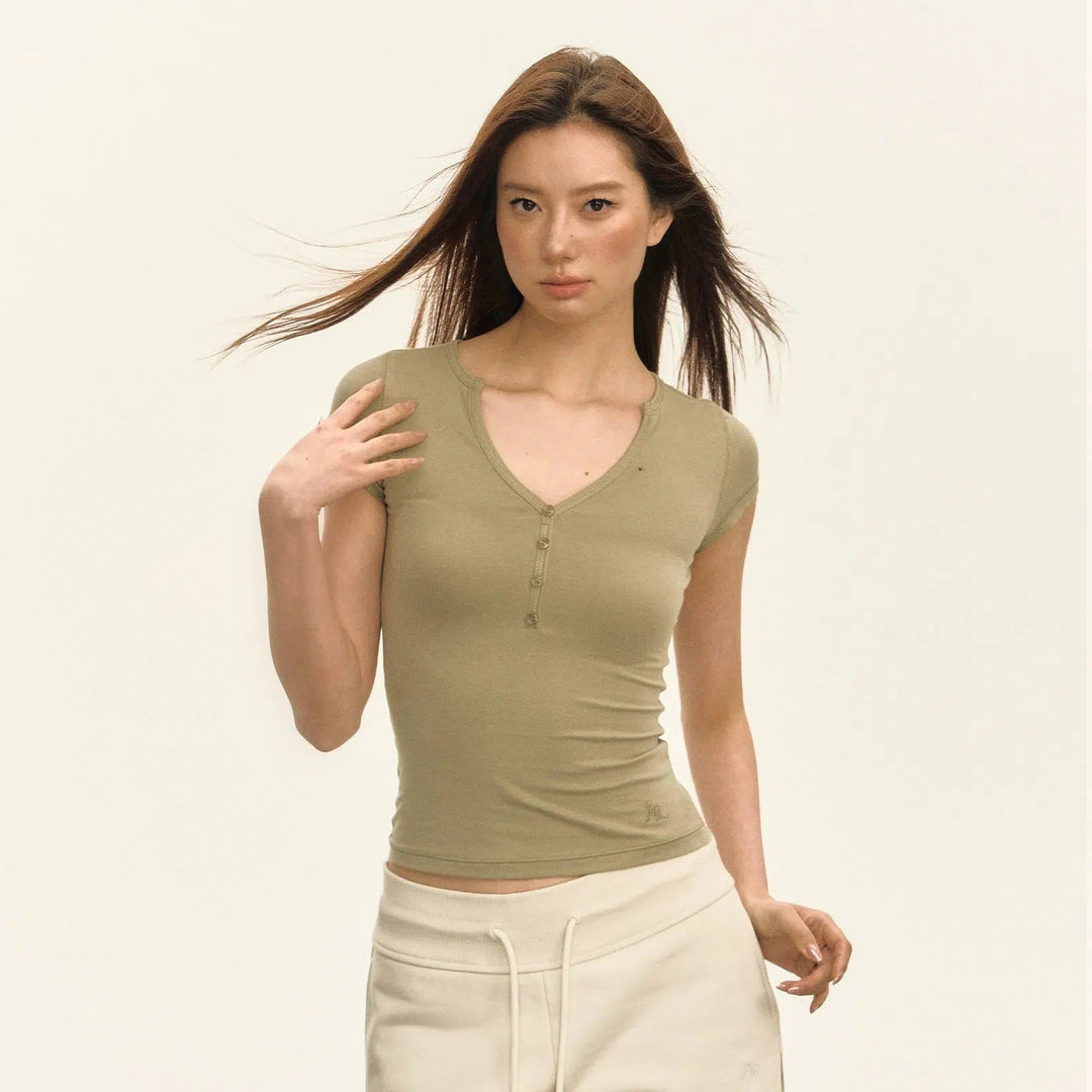 Classic V-Neck Henley Pullover with Button Detail