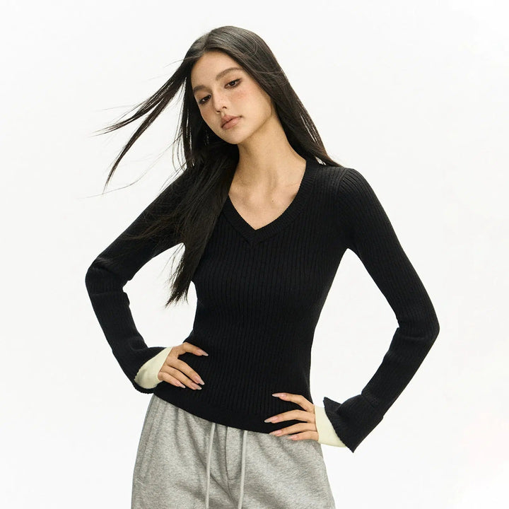 Classic V-Neck Ribbed Knit Sweater