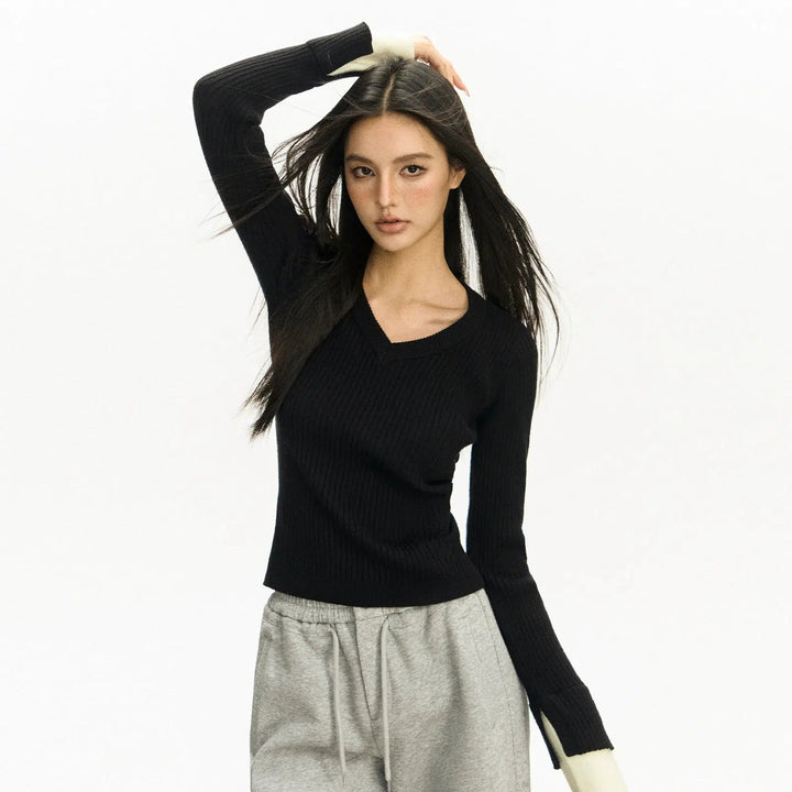 Classic V-Neck Ribbed Knit Sweater