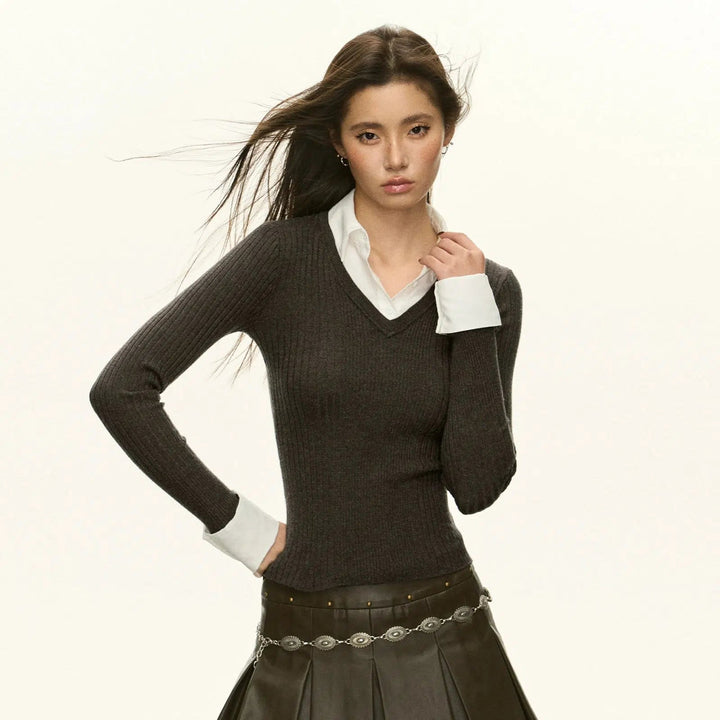 Classic V-Neck Ribbed Knit Sweater with Layered Cuff Detail