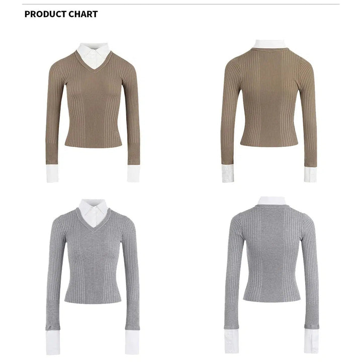 Classic V-Neck Ribbed Knit Sweater with Layered Cuff Detail