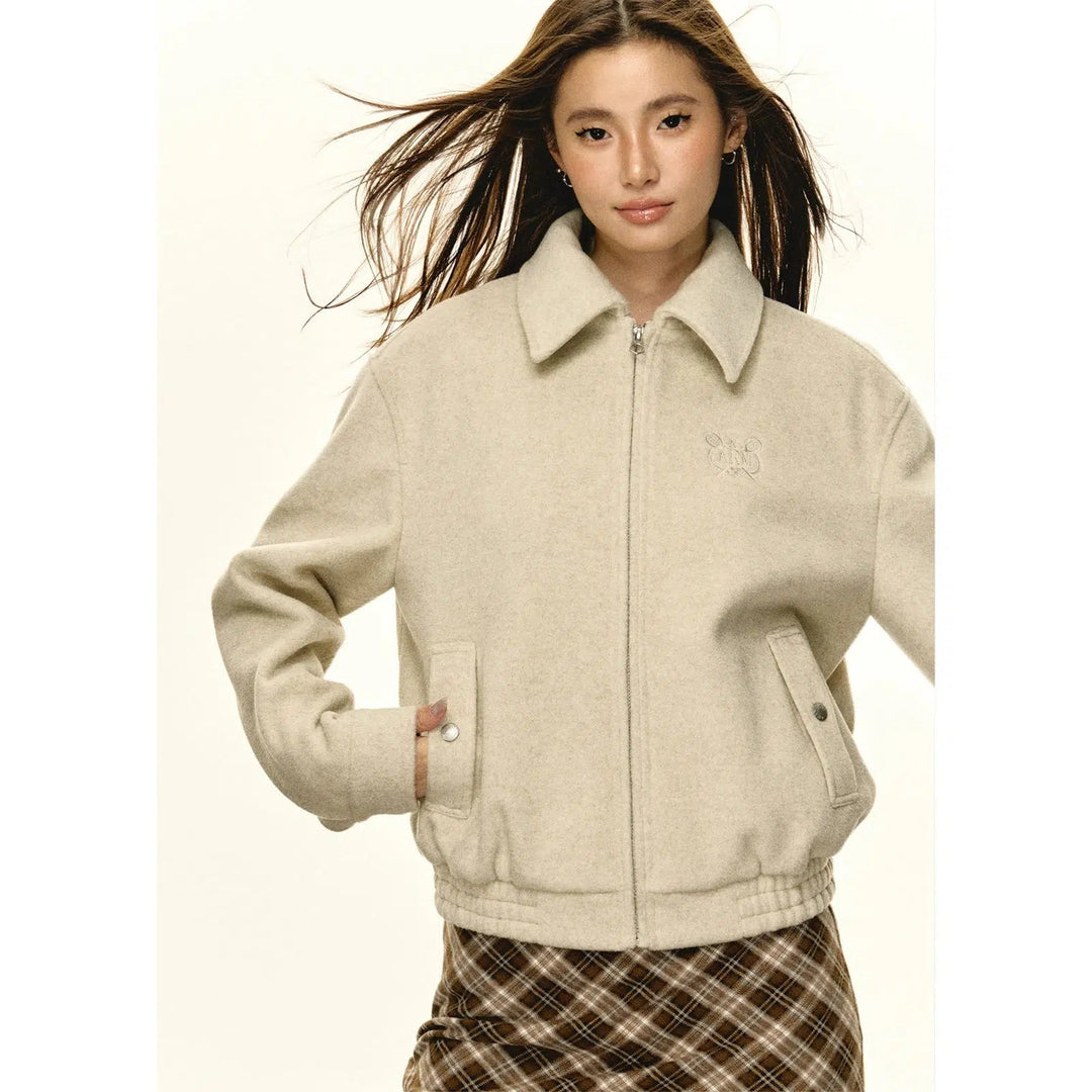 Classic Wool Zip-Up Coat with Buttoned Cuffs and Stand Collar