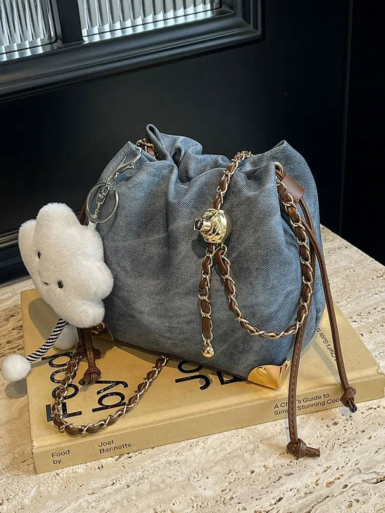 Cloud Plush Pendant Drawstring Bucket Bag