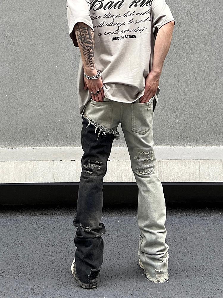 Color Contrast Raw Edge Ripped Flared Jeans