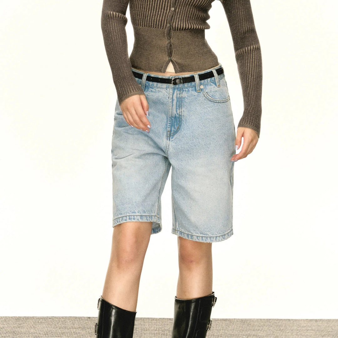 Contemporary High-Waisted Denim Bermuda Shorts