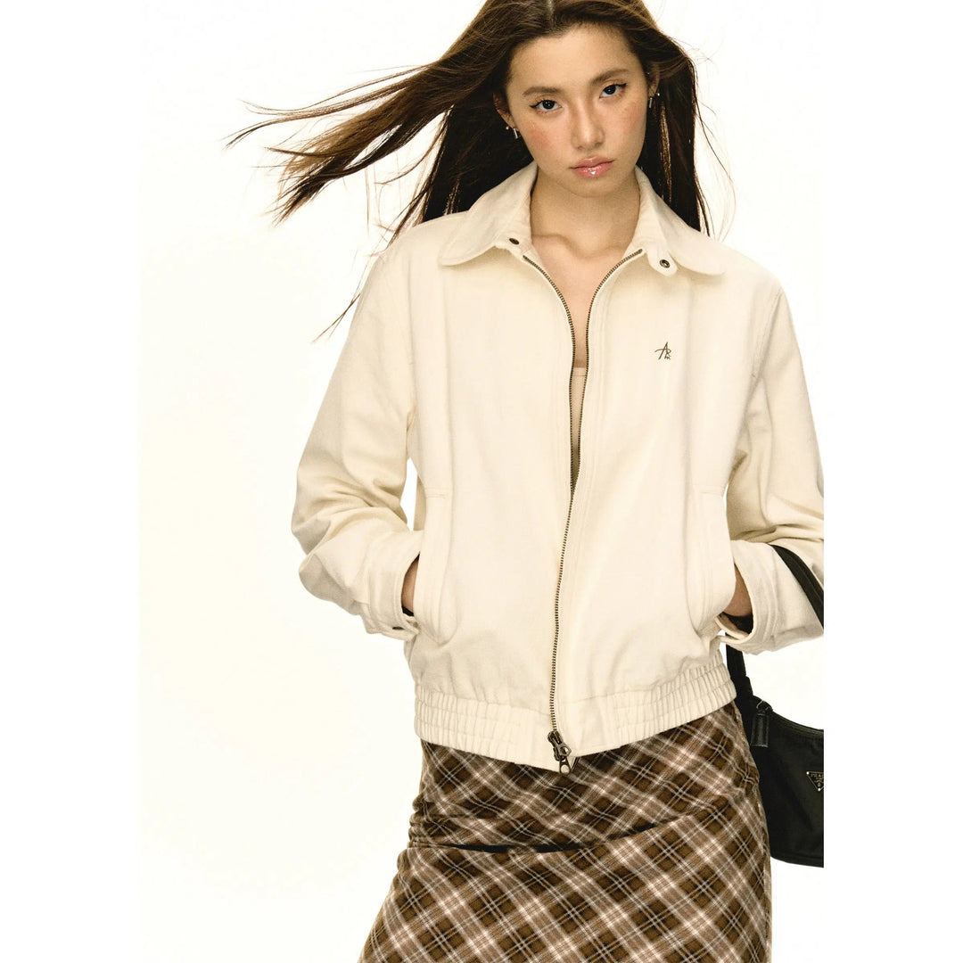 Contemporary Short Zip-Up Coat with Stand Collar and Side Pockets