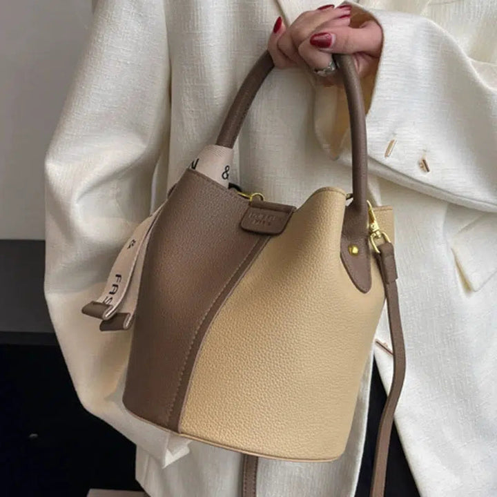 Contrast Color Leather Bucket Bag