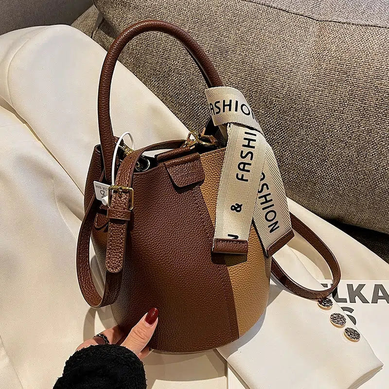 Contrast Color Leather Bucket Bag