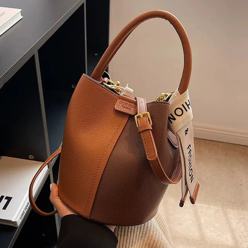 Contrast Color Leather Bucket Bag