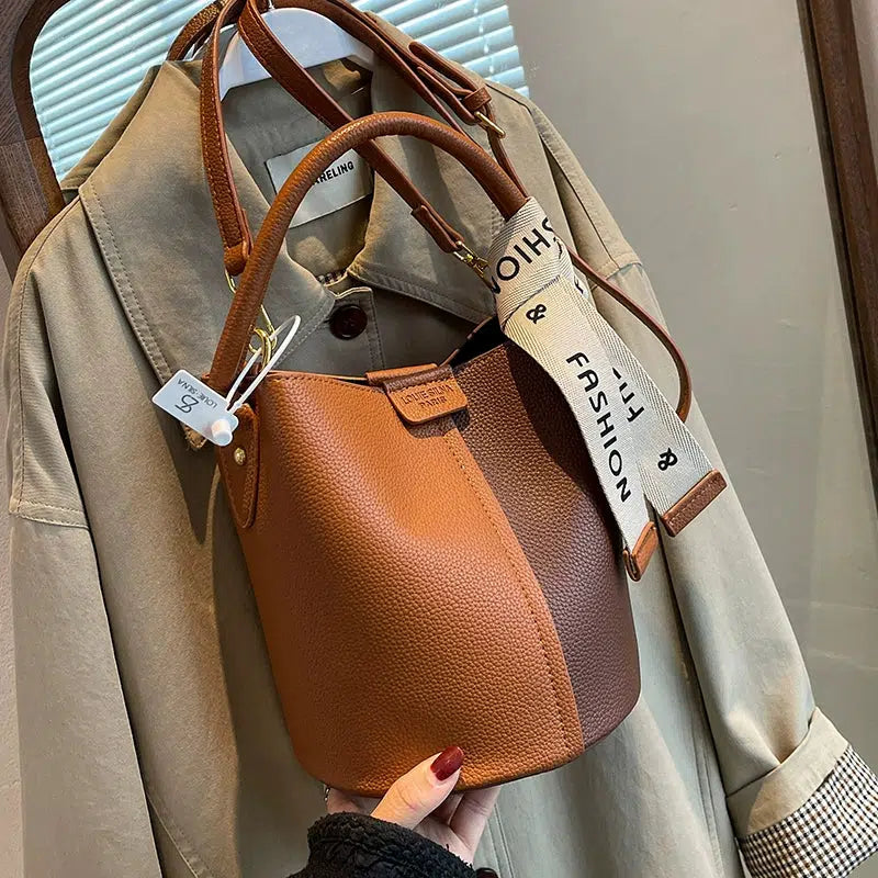 Contrast Color Leather Bucket Bag