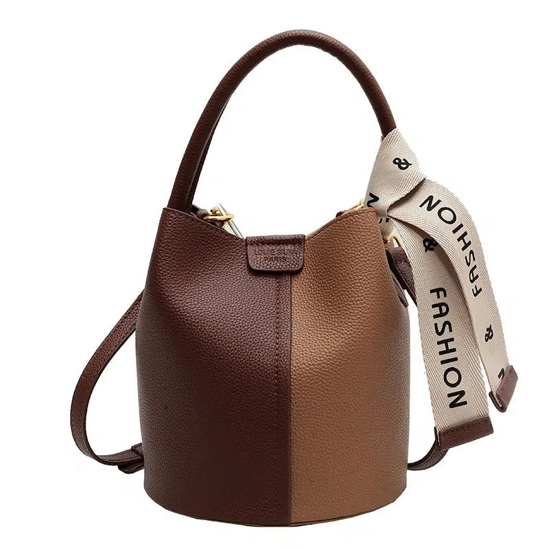 Contrast Color Leather Bucket Bag