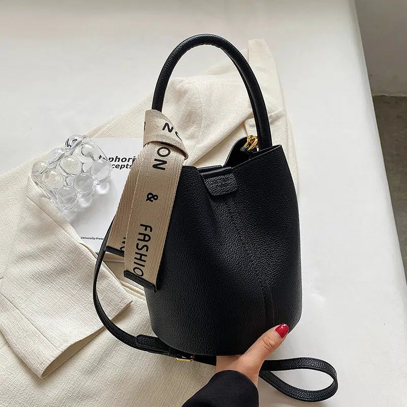 Contrast Color Leather Bucket Bag