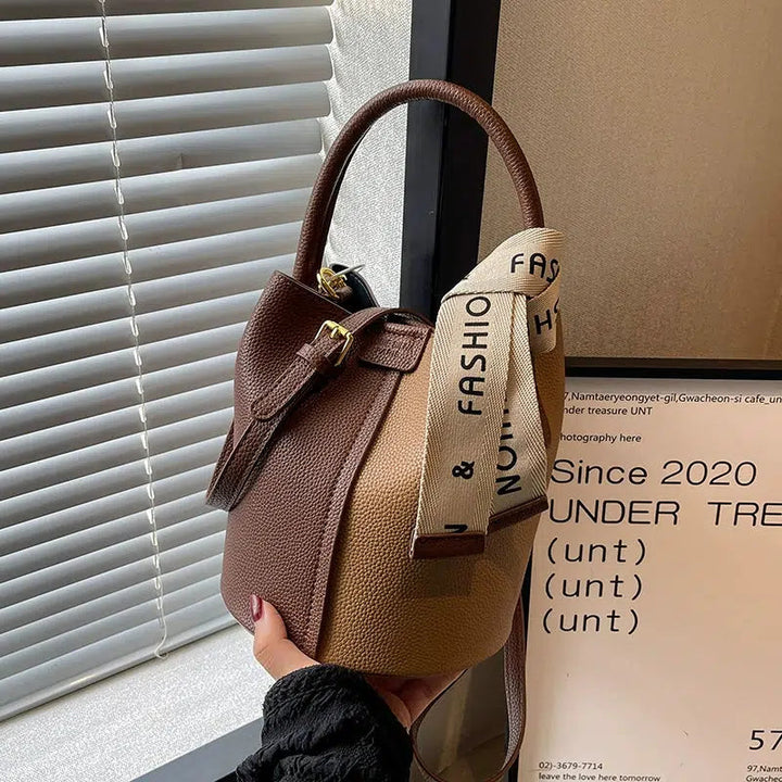 Contrast Color Leather Bucket Bag