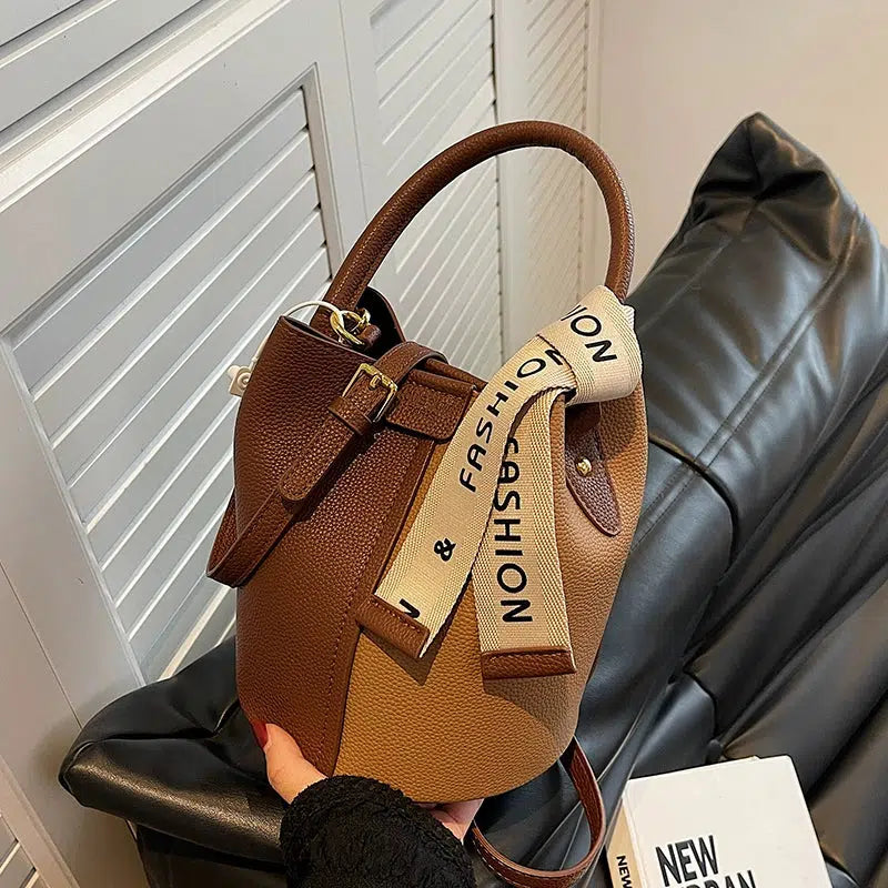 Contrast Color Leather Bucket Bag