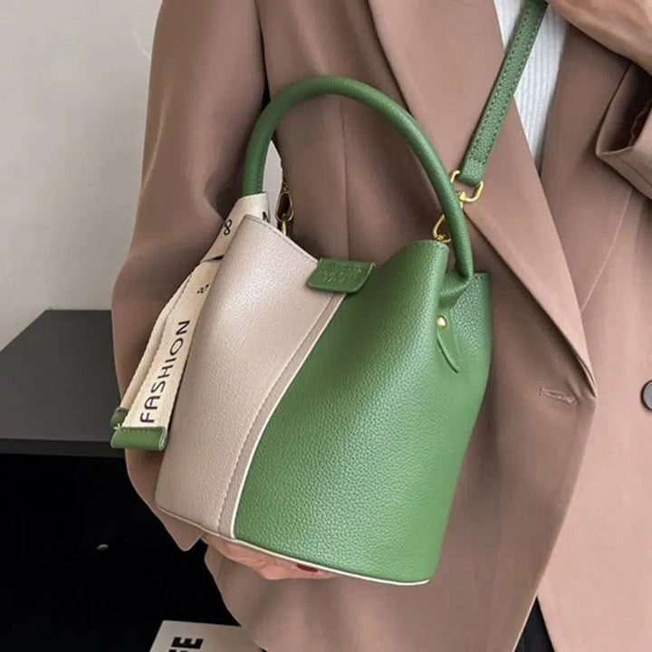 Contrast Color Leather Bucket Bag