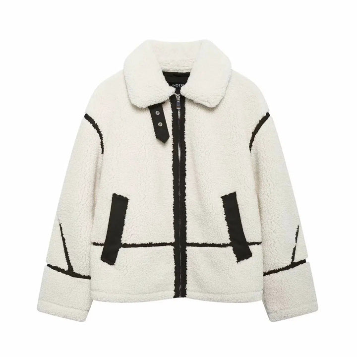 Contrast Trim Sherpa-Style Wool Blend Coat