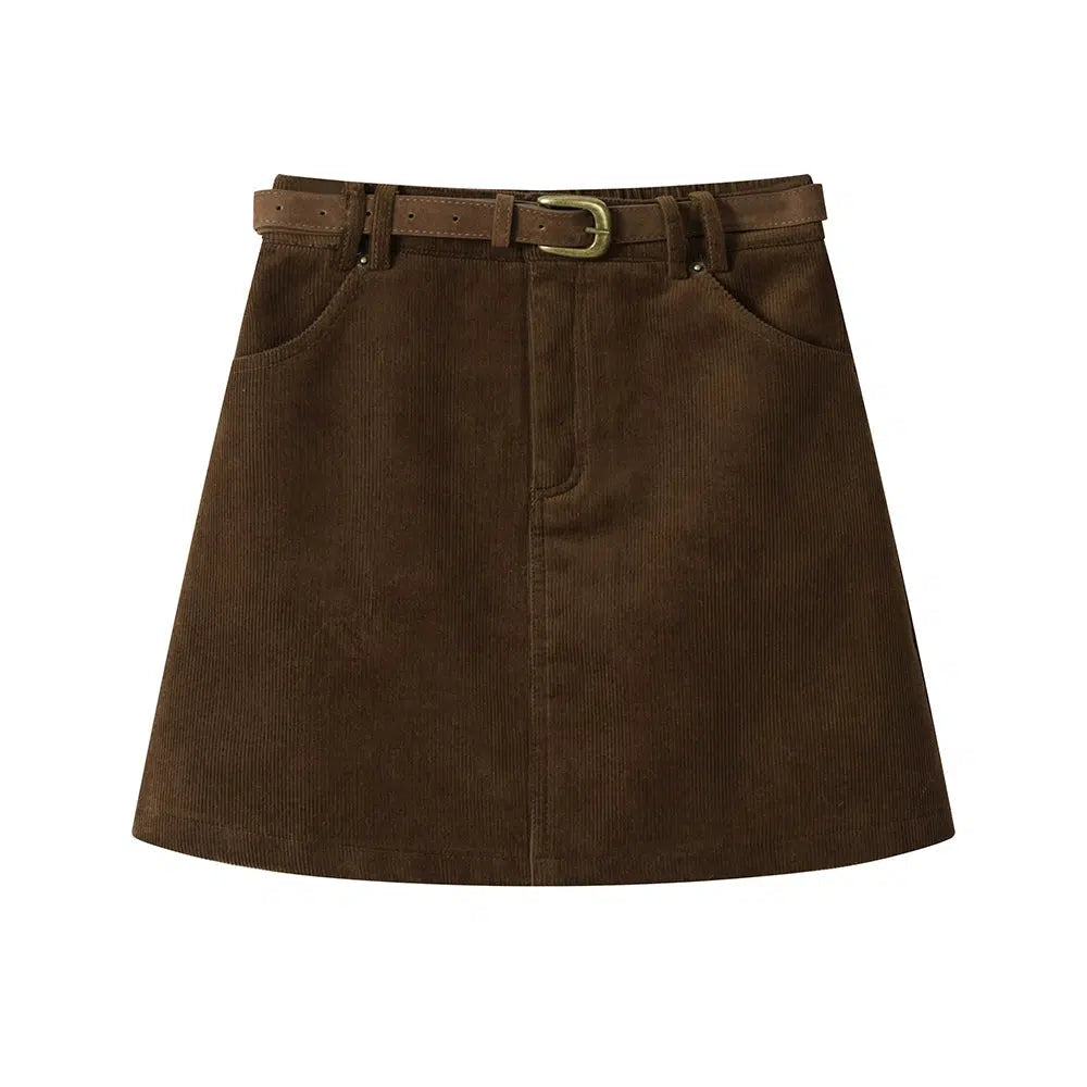 Corduroy A-Line Skirt with Belt