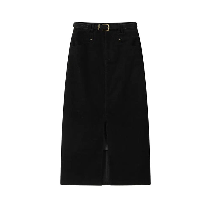 High Waist Corduroy Slit A-line Skirt