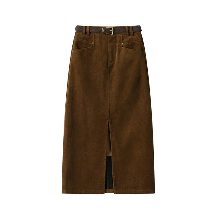 High Waist Corduroy Slit A-line Skirt