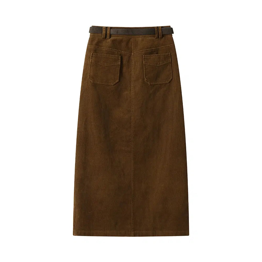 High Waist Corduroy Slit A-line Skirt