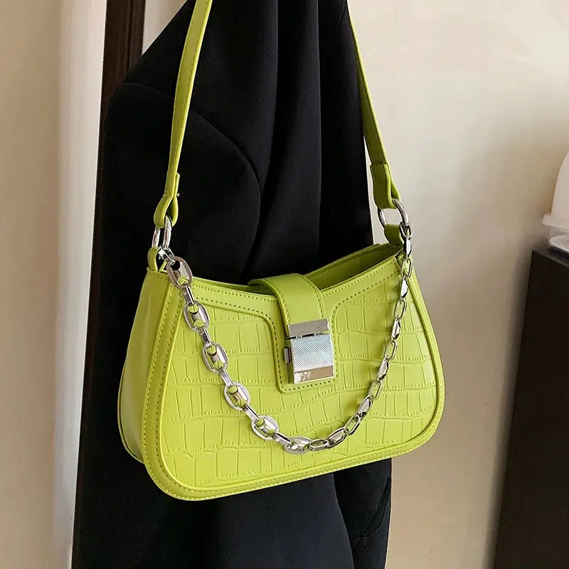 Croc-Texture Chain Strap Shoulder Bag