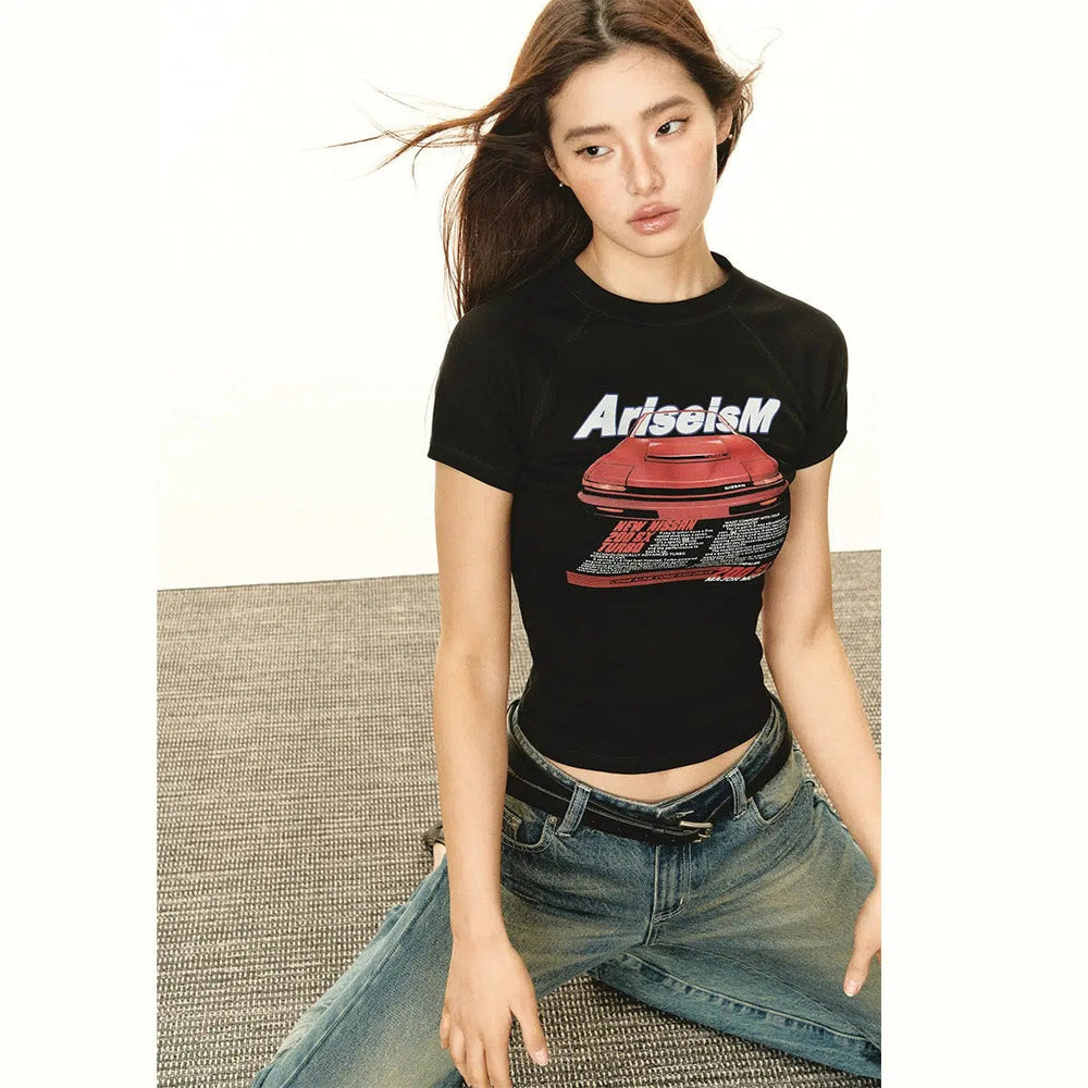 Cropped Graphic T-Shirt with Retro Print