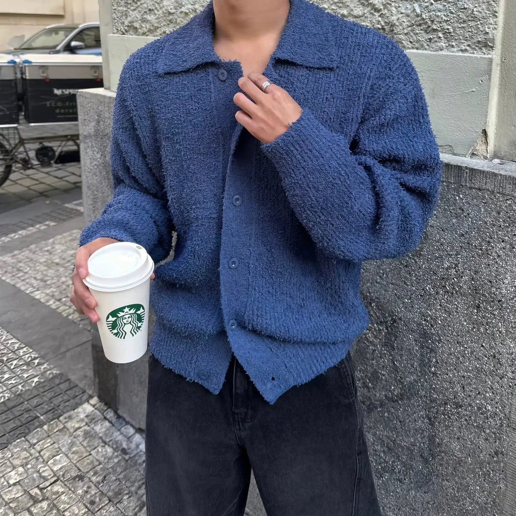 Dark Blue Lapel Sweater Cardigan