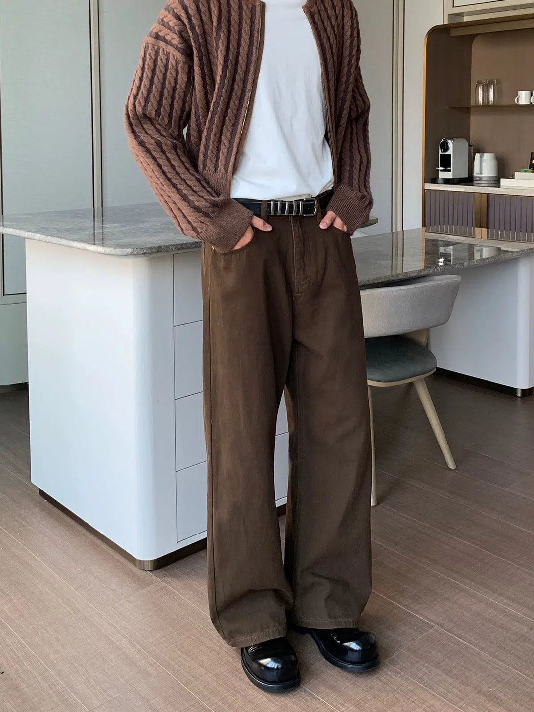 Dark Brown Straight Pleated Pants