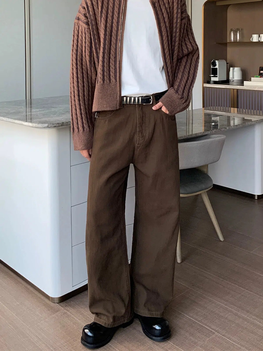 Dark Brown Straight Pleated Pants