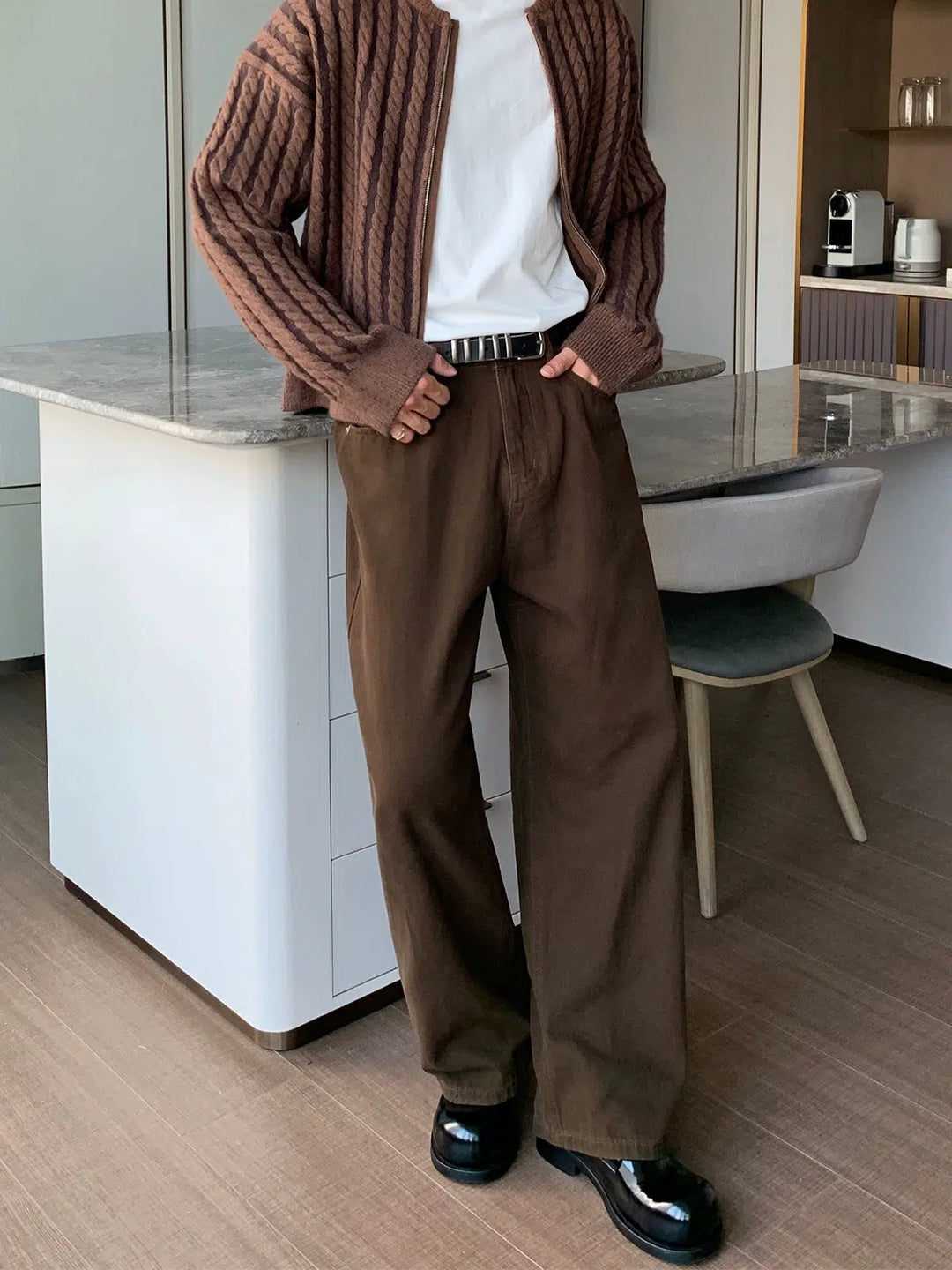 Dark Brown Straight Pleated Pants