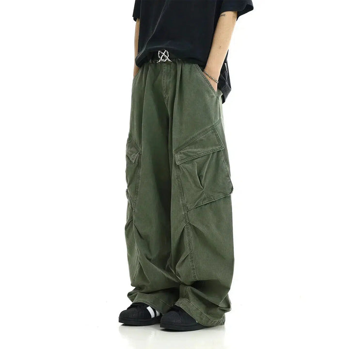 Deconstructed Pleated Wide-Leg Cargo Pants